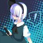  1girl aqua_eyes bad_id bad_pixiv_id black_hairband hairband hat hat_ribbon konpaku_youmu lowres puffy_sleeves ribbon shionty short_hair short_sleeves smile solo sword touhou weapon white_hair 