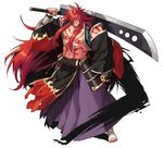  full_body hakama horn huge_weapon japanese_clothes kyousaku long_hair male_focus muscle mygrimoire oni purple_hakama red_eyes red_hair satan_(mygrimoire) shirtless solo sword tattoo very_long_hair weapon white_background 