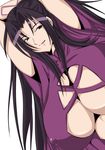  1girl arms_behind_head black_hair breasts erect_nipples female frakensteinko hands_behind_head highres huge_breasts kazehana long_hair purple_eyes sekirei simple_background solo white_background 