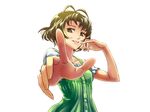  1boy akizuki_ryou antenna_hair arm_up bare_shoulders brown_eyes brown_hair crossdressing foreshortening idolmaster idolmaster_dearly_stars looking_at_viewer male_focus open_mouth otoko_no_ko outstretched_arm short_hair smile solo 