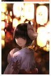  absurdres black_hair blurry bokeh depth_of_field fan fox_mask girl's_avenue highres japanese_clothes kiyohara_hiro looking_at_viewer looking_back mask megami non-web_source red_eyes scan short_hair smile 