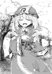  closed_eyes greyscale hat long_sleeves miyoshi_(triple_luck) monochrome open_mouth petals saigyouji_yuyuko short_hair solo touhou tree triangular_headpiece wide_sleeves 