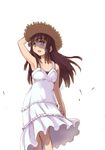 arm_up armpits blue_eyes brown_hair dress hat long_hair original shishio_(artist) simple_background solo straw_hat sundress white_background wind 
