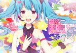  aqua_hair hand_on_own_chest happy_birthday hatsune_miku headset komine long_hair open_mouth purple_eyes solo tell_your_world_(vocaloid) twintails vocaloid 