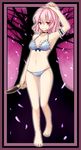  arm_up armpits banana barefoot bikini cherry_blossoms chocolate chocolate_banana choker food fruit miyo_(ranthath) navel petals pink_eyes pink_hair saigyouji_yuyuko short_hair silhouette smile solo swimsuit touhou 