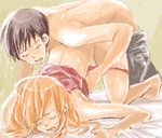  1boy 1girl bed black_hair clenched_fist clenched_hand doggystyle eyes_closed ikari_shinji indoors long_hair moaning neon_genesis_evangelion open_mouth orange_hair panties panty_pull rough sex soryu_asuka_langley sweat top-down_bottom-up underwear vaginal 