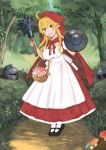  1girl 2boys ahoge armor basket blonde_hair buckler dress fang forest helmet highres holding_mace hood little_red_riding_hood little_red_riding_hood_(grimm) long_dress long_hair mace multiple_boys mushroom nature original outdoors pantyhose sakurada shield weapon 