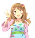  :3 :d \m/ blush blush_stickers brown_eyes brown_hair dress hair_ornament hairclip idolmaster idolmaster_cinderella_girls jewelry long_hair momo_no_kanzume moroboshi_kirari necklace open_mouth smile star symbol-shaped_pupils 