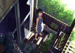  bad_id bad_pixiv_id bird black_hair blue_eyes domo1220 dress from_above mori_girl original plant porch sandals short_hair sliding_doors smile solo watering_can 