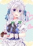  apron bad_id bad_pixiv_id blue_eyes blush braid cake dessert food ginzuki_ringo highres izayoi_sakuya maid maid_headdress open_mouth pastry short_hair short_sleeves silver_hair skirt smile solo touhou tray twin_braids 