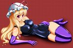  bad_id bad_pixiv_id blonde_hair breasts covered_nipples hair_ribbon hat highres long_hair lying medium_breasts one-piece_swimsuit open_mouth purple_eyes ribbon school_swimsuit shiny shiny_clothes simple_background smile solo swimsuit tera_hiroshi thighhighs touhou yakumo_yukari 