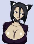  animal_ears black_hair bob_cut breasts brown_eyes cat_ears cleavage collar colorfag colorized huge_breasts imageboard_colors kami_nomi_zo_shiru_sekai matsu-sensei nikaidou_yuri simple_background solo studded_collar wavy_mouth 