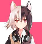  animal_ears black_hair bose copyright_request headphones headphones_around_neck heterochromia looking_at_viewer multicolored_hair pink_eyes red_eyes shirabi short_hair solo sweater_vest two-tone_hair upper_body white_hair 