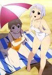  :o absurdres barefoot blue_eyes blush breasts brown_hair cleavage feet fnc_(upotte!!) highres kneeling l85a1_(upotte!!) legs medium_breasts multiple_girls no_nose nyantype official_art one-piece_swimsuit open_mouth parasol red_eyes scan short_hair silver_hair sitting swimsuit takami_akio umbrella upotte!! wariza 