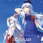  arm_up blue_hair bow fujiwara_no_mokou hair_bow hand_on_hip hat kamishirasawa_keine long_hair lowres multiple_girls red_eyes rokuwata_tomoe silver_hair touhou 