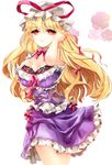  adjusting_hair bad_id bad_pixiv_id black_bra blonde_hair bow bra breast_suppress breasts cleavage corset flower hair_ribbon hand_in_hair hand_on_own_chest hat hat_ribbon highres lace lace_bra large_breasts long_hair looking_at_viewer pimtteu purple_skirt red_eyes ribbon rose skirt smile solo thighs touhou underwear yakumo_yukari 