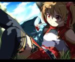  animal bad_id bad_pixiv_id black_legwear breastplate brown_hair grass letterboxed pina_(sao) red_eyes short_twintails silica sitting smile solo sword_art_online thighhighs twintails yuihara 