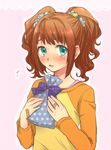  bandaid bandaid_on_finger bandaid_on_hand blush brown_hair gift green_eyes idolmaster idolmaster_(classic) mironomeo solo takatsuki_yayoi twintails 