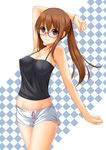  arm_up bad_id bad_pixiv_id bangs bare_arms bare_shoulders bracelet breasts brown_hair checkered checkered_background chiro cleavage cowboy_shot glasses hair_between_eyes jewelry long_hair medium_breasts original ponytail sleeveless smile solo 