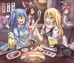  alcohol apron bare_shoulders beer black_hair blonde_hair blue_hair bow chopsticks cooking cup food grill hair_bobbles hair_bow hair_ornament hakurei_reimu hat hat_removed headwear_removed hijiri_byakuren kawashiro_nitori kirisame_marisa long_hair meat monikano mug multiple_girls mystia_lorelei pink_hair poster_(object) revision short_hair sitting teapot tongs touhou two_side_up yakiniku 