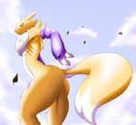  butt canine chest_tuft claws digimon elbow_gloves female fox fur gloves green_eyes jackl leaves looking_at_viewer mammal nude renamon side_boob solo tuft 
