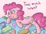  alcohol beverage blue_eyes bottle bow_tie chips chocolate cupcake cutie_mark eating english_text equine female feral food friendship_is_magic fur hair horse mammal my_little_pony pink_fur pink_hair pinkie_pie_(mlp) plain_background pony solo speccysy text 