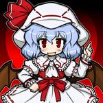  ascot bat_wings blue_hair blush curiosities_of_lotus_asia eruru_(erl) fang hat hat_ribbon highres long_sleeves open_mouth puffy_sleeves remilia_scarlet ribbon short_hair solo touhou wings wrist_cuffs 