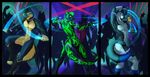  biceps blue_eyes bodypaint canine club dancing dog feline fur glowing glowstick green_eyes green_fur male mammal muscles nightclub nude pecs rave sheath soulscape toned triptych weapon wolf 