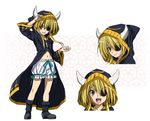  &gt;:) :d blonde_hair bloomers bontenmaru_(oda_nobuna_no_yabou) boots character_sheet cross expressions eyepatch frills full_body hood horns long_sleeves looking_at_viewer multiple_views navel oda_nobuna_no_yabou official_art open_mouth ribbon short_hair short_hair_with_long_locks smile standing teeth underwear v-shaped_eyebrows white_background yellow_eyes 