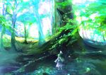  bad_id bad_pixiv_id detached_sleeves forest from_behind grass green_hair kochiya_sanae kyokucho long_hair nature outstretched_arms scenery skirt solo spread_arms touhou tree wide_sleeves 