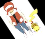  bad_id bad_pixiv_id baseball_cap belt black_hair denim gen_1_pokemon hat holding holding_poke_ball jeans pants perspective pikachu poke_ball pokemon pokemon_(creature) pokemon_(game) pokemon_rgby red_(pokemon) red_(pokemon_rgby) rukao36 standing 