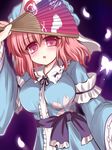  breasts bug butterfly fan hat insect japanese_clothes large_breasts looking_at_viewer petals pink_hair purple_eyes ry saigyouji_yuyuko short_hair solo touhou triangular_headpiece upper_body 