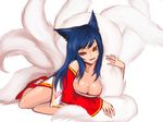  ahri animal_ears blue_hair breasts cleavage collarbone detached_sleeves facial_mark fox_ears fox_tail grin large_breasts league_of_legends long_hair lying multiple_tails on_side seductive_smile smile solo tail whisker_markings white_background yellow_eyes ymtoto 