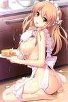  apron ass barefoot blush breasts brown_eyes brown_hair butt_crack cake cream feet food hatsukoi_1/1 highres holding icing koizumi_amane large_breasts legs long_hair looking_back maid_headdress morino_yukino naked_apron nipples pastry_bag scan sitting soles solo suggestive_fluid thighs toes tongue tongue_out wariza 