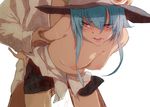  1girl alternate_hair_length alternate_hairstyle arm_grab arm_held_back bad_id bad_pixiv_id bent_over blue_hair blurry blush bottomless breasts breasts_outside depth_of_field food fruit hat hetero highres hinanawi_tenshi medium_breasts nipples no_panties open_clothes open_mouth open_shirt peach pussy_juice sex shirt short_hair siirakannu solo_focus topless touhou white_background 