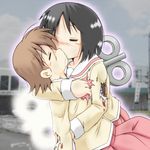  aioi_yuuko android black_hair blood brown_hair closed_eyes gaketsu glowing hug injury kiss multiple_girls nichijou saliva school_uniform shinonome_nano short_hair tears tokisadame_school_uniform winding_key yuri 