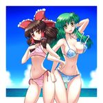  absurdres bad_anatomy bikini bow breast_envy breasts brown_eyes brown_hair cameltoe frog_hair_ornament green_hair hair_bow hair_ornament hair_tubes hakurei_reimu hand_on_hip highres kochiya_sanae large_breasts locked_arms long_hair md5_mismatch multiple_girls ocean raionsan side-tie_bikini snake_hair_ornament swimsuit touhou underboob yellow_eyes 