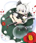  black_hairband blue_eyes camellia dual_wielding flower hairband hitodama holding katana konpaku_youmu konpaku_youmu_(ghost) mi_(liki1020) mouth_hold petals scabbard sheath short_hair silver_hair solo sword touhou weapon 