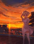  blonde_hair cityscape cloud cloudy_sky dress evening lowres original scenery short_hair sky solo sunlight sunset thighhighs twilight weno weno's_blonde_original_character white_dress white_legwear wind 