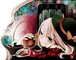  bad_id bad_pixiv_id blue_flower blue_rose chair cup drinking_glass flower food fruit green_eyes green_flower green_rose hat hat_ribbon komeiji_koishi loalo long_sleeves ribbon rose silver_hair sitting solo spilling strawberry table third_eye touhou white_flower white_rose wine_glass 