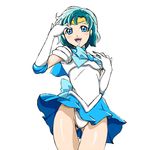  back_bow bishoujo_senshi_sailor_moon blue_choker blue_eyes blue_hair blue_sailor_collar blue_skirt boots bow choker earrings elbow_gloves gloves jewelry kogane_(staygold) magical_girl mizuno_ami panties sailor_collar sailor_mercury sailor_senshi_uniform short_hair skirt solo tiara underwear white_gloves 