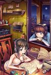  book bottomless breasts brown_eyes brown_hair chair cleavage collarbone glasses headphones holding large_breasts multiple_girls open_book original pencil purple_eyes raised_eyebrow reading screwdriver short_hair sitting xx_(artist) 