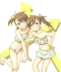  bare_shoulders bikini blush brown_eyes brown_hair chirosuke_(nameless) directional_arrow futami_ami futami_mami grin hair_ribbon idolmaster idolmaster_(classic) idolmaster_2 midriff multiple_girls navel one_eye_closed print_bikini ribbon siblings side_ponytail sisters skirt smile star star_print swimsuit twins 