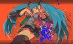  aqua_hair bad_id bad_pixiv_id detached_sleeves foreshortening green_eyes grin hatsune_miku headset long_hair looking_at_viewer nail_polish one_eye_closed renzu skirt smile solo thighhighs twintails very_long_hair vocaloid zettai_ryouiki 