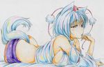  animal_ears ass breasts colored_pencil_(medium) detached_sleeves hand_to_own_mouth hat hat_ribbon highres inubashiri_momiji kitazinger large_breasts lying midriff on_stomach open_mouth red_eyes ribbon shirt short_hair sideboob silver_hair skirt solo tail tokin_hat touhou traditional_media wolf_ears wolf_tail 