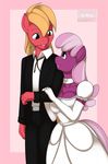  anthrofied big_breasts big_macintosh_(mlp) blonde_hair breasts cheerilee_(mlp) cleavage clothed clothing dress equine eye_contact female friendship_is_magic green_eyes hair horse kloudmutt male mammal my_little_pony pony smile suit two_tone_hair wedding_dress 