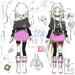  absurdres ahoge akasaka_aka aqua_eyes bare_shoulders black_shirt boots braid character_sheet choker detached_sleeves full_body highres ia_(vocaloid) long_hair looking_at_viewer multiple_views off-shoulder_shirt off_shoulder shirt side_braid single_thighhigh skirt standing thigh_strap thighhighs translation_request turnaround twin_braids very_long_hair vocaloid white_background 