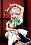  abo_(hechouchou) apron bad_id bad_pixiv_id braid breasts cleavage collarbone garter_straps izayoi_sakuya knife maid maid_headdress medium_breasts one_eye_closed puffy_sleeves red_eyes short_hair short_sleeves silver_hair solo thighhighs touhou twin_braids weapon white_legwear 