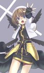  armor blue_eyes brown_hair chirosuke_(nameless) fingerless_gloves gloves hat lyrical_nanoha mahou_shoujo_lyrical_nanoha mahou_shoujo_lyrical_nanoha_a's open_mouth outstretched_hand puffy_sleeves skirt solo wings yagami_hayate 