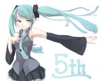  aqua_eyes aqua_hair detached_sleeves hand_on_own_chest hatsune_miku long_hair naruta_(m_rem) necktie open_mouth outstretched_arm simple_background skirt solo twintails vocaloid white_background 